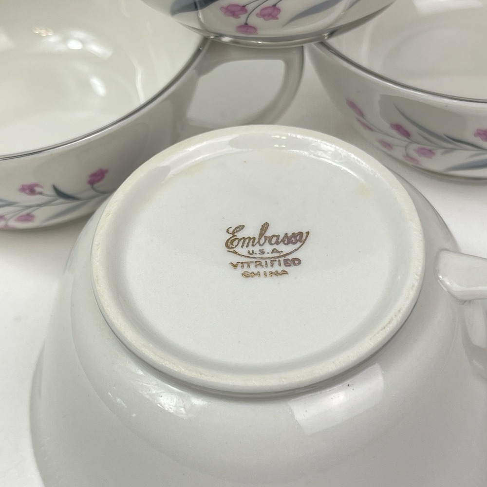Embassy USA China Tru Tone Footed Tea Cups Pink‎ Flowers Gray Platinum Rim - Picture 6 of 12